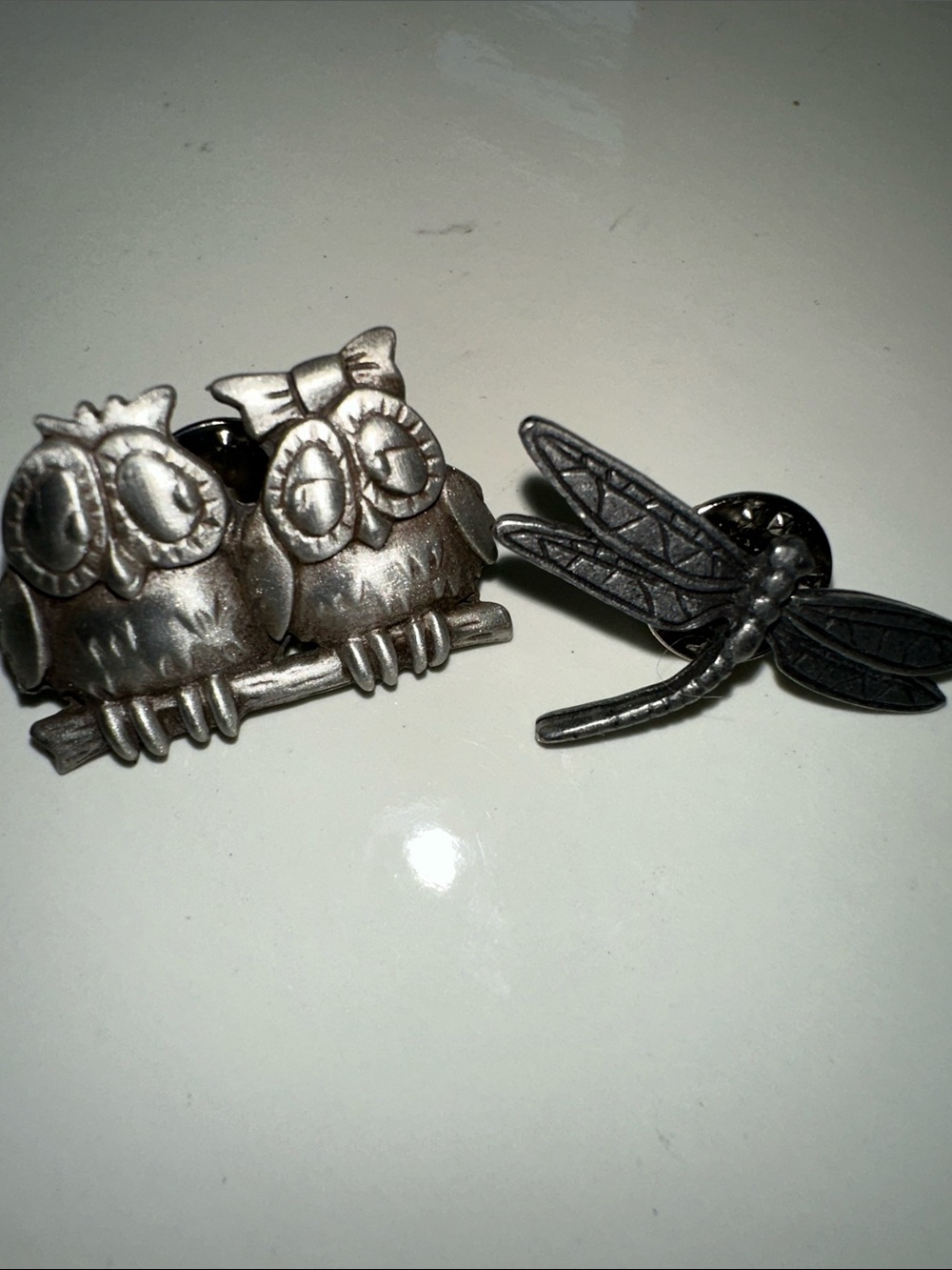 Silver Owl Couple Brooch & Dragonfly Brooch- Pewter